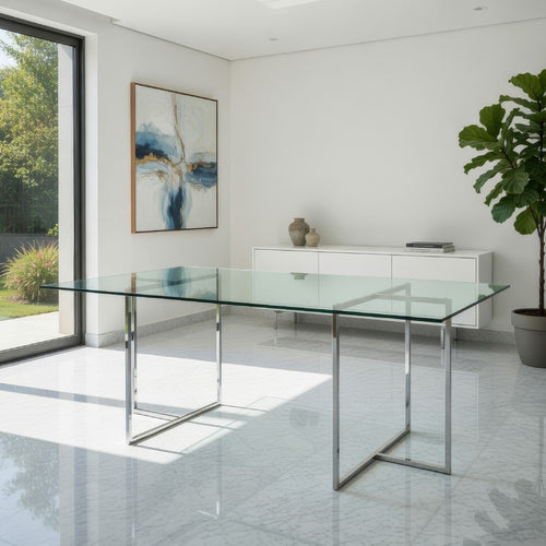 Nisa 71 Inch Dining Table, Tempered Glass Rectangular Top, Chrome Metal By Casagear Home