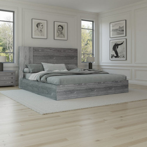 Noe Zid King Size Platform Bed, Panel Headboard, Elm Gray Finish, Modern By Casagear Home