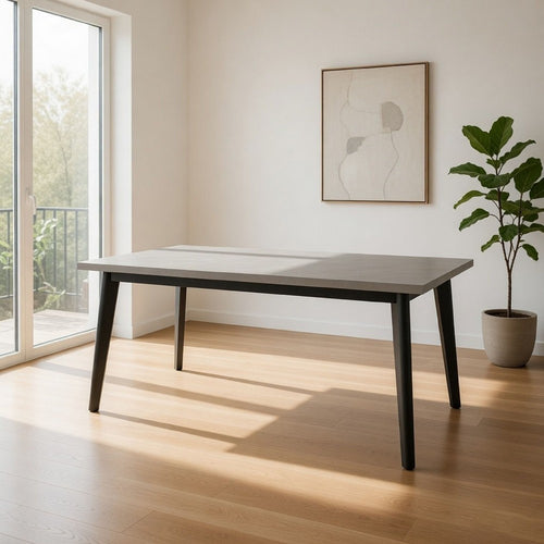 Eni 79 Inch Outdoor Dining Table, Natural Gray Concrete, Acacia Wood, Black By Casagear Home