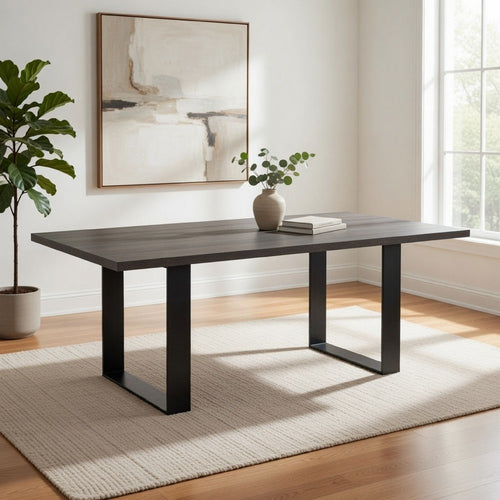 87 Inch Dining Table, Rectangular Top, Open Metal Panel, Gray Oak, Black By Casagear Home