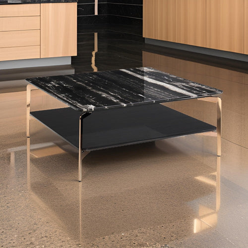 Rin 29 Inch Modern Coffee Table, Square Black Marble Top with Shelf, Gold By Casagear Home