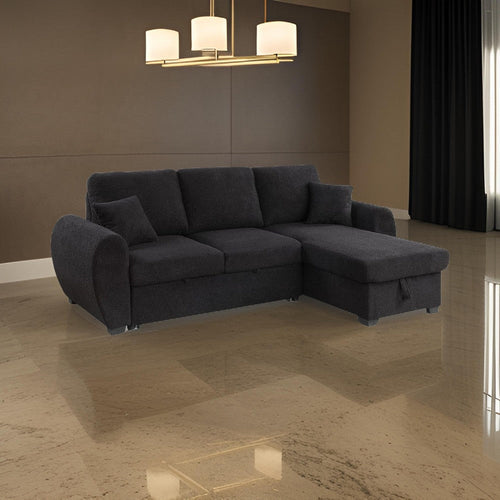 Ica 95 Inch Sleeper Sectional Sofa with Storage Chaise, Black Teddy Fleece By Casagear Home