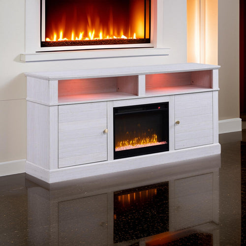 Cier 70 Inch TV Console with LED Fireplace Heater, Plinth Base, White, Gold By Casagear Home