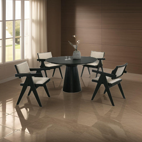 Bili 5pc Round Dining Table and 4 Armchairs Set, Open Back, Beige, Black By Casagear Home