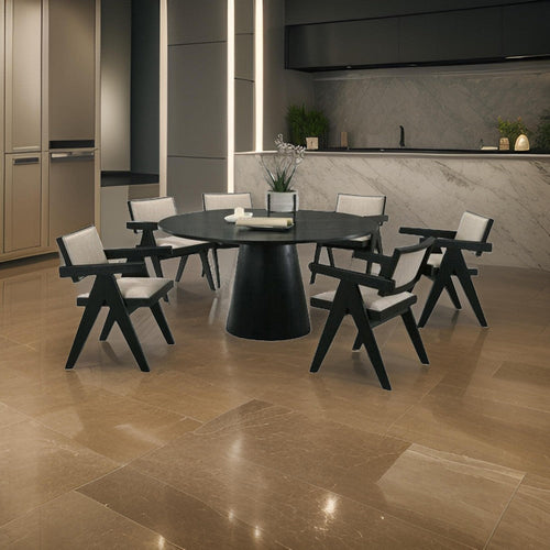 Bili 7pc Round Dining Table and 6 Armchairs Set, Open Back, Beige, Black By Casagear Home