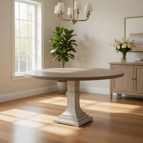Sane 59 Inch Dining Table, Round Top with Pedestal Base, White, Gray By Casagear Home