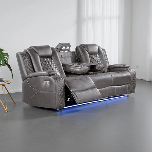 Aile 85 Inch Power Recliner Sofa, Bluetooth, Charging, Gray Faux Leather By Casagear Home