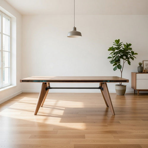 Cid Lane 87 Inch Dining Table, Walnut Brown Wood, Black Metal Rod Support By Casagear Home