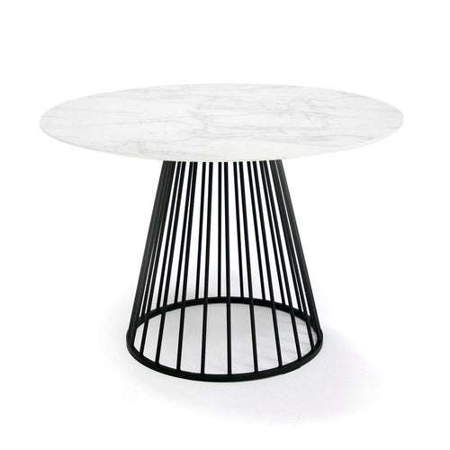 43 Inch Round Dining Table, White Faux Marble Top, Black Pedestal Base By Casagear Home