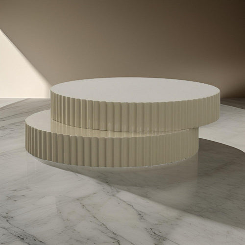 48 Inch Coffee Table, Round Top, Offset Fluted Accent, Modern Taupe Gray By Casagear Home