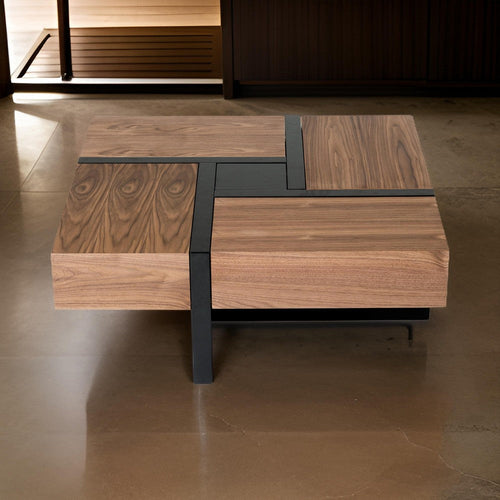 39 Inch Coffee Table, 4 Drawers, Puzzle Design, Walnut Brown, Black Finish By Casagear Home