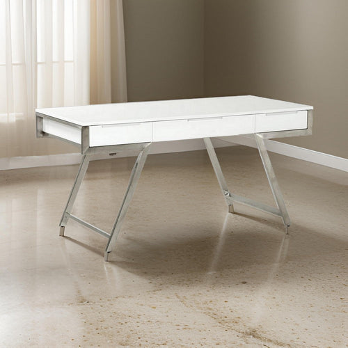 63 Inch Office Desk with a Drawer, White Gloss Finish, Chrome Metal Frame By Casagear Home