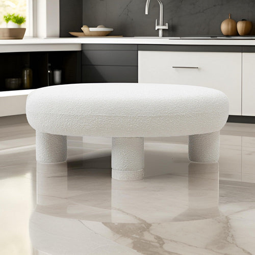 Cid 46 Inch Accent Bench Ottoman, White Polyester Oval Seat, Pine Wood Legs By Casagear Home