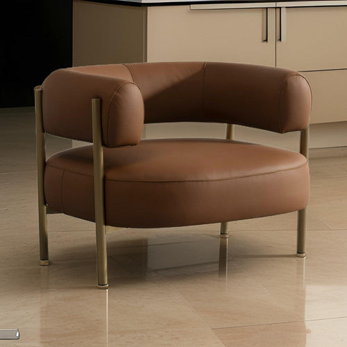 Cid Ziva Curved Accent Chair, Brown Top Grain Genuine Leather, Metal, Wood By Casagear Home