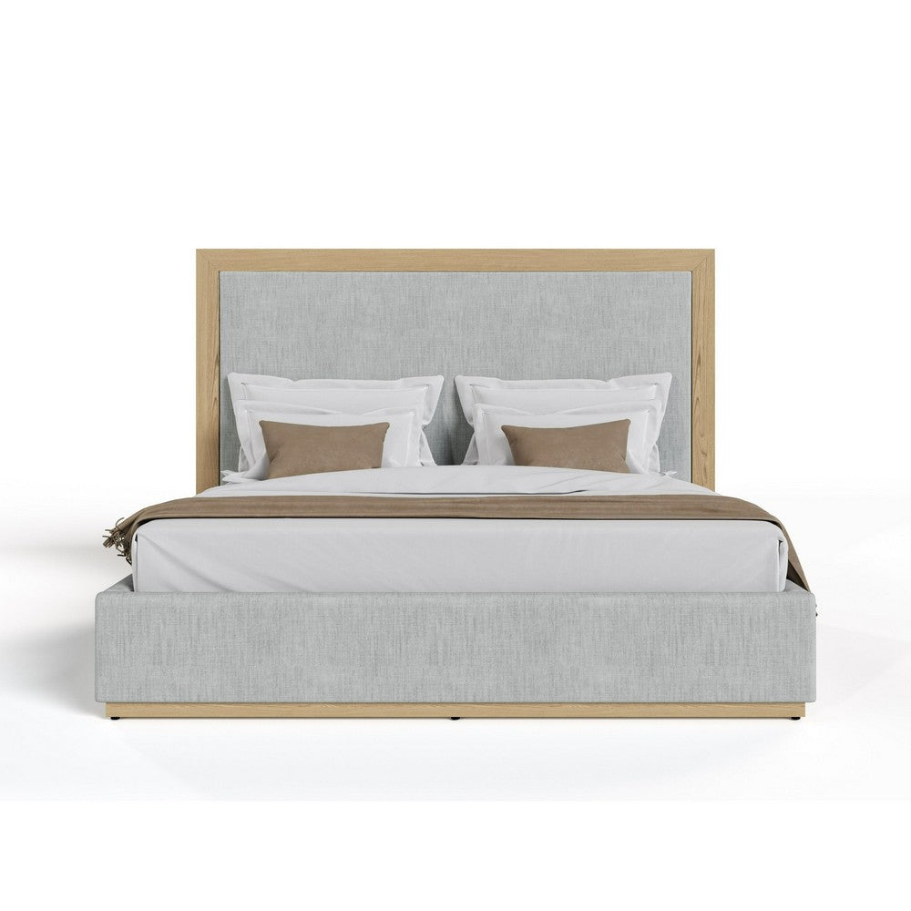 Noe Malia King Size Bed, Gray Polyester Upholstery, Natural Wood Frame By Casagear Home