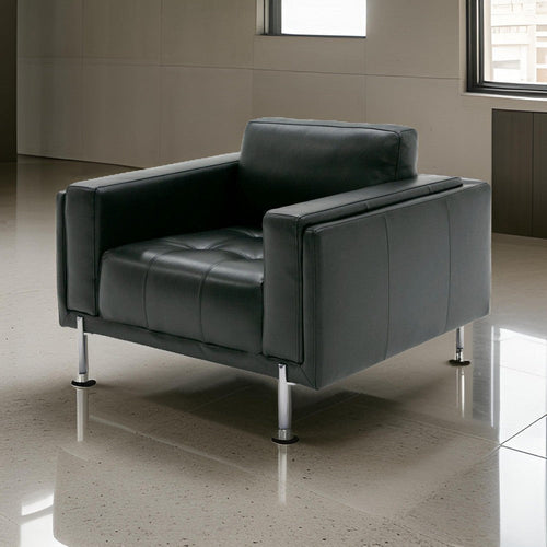 Shlo Accent Chair, Button Tufted Seat, Modern Lux Black Top Grain Leather By Casagear Home