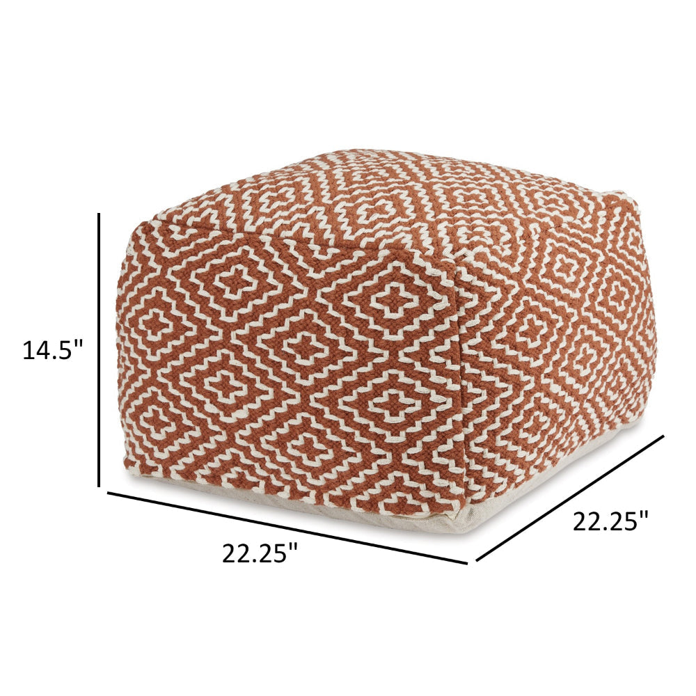 Sena 22 Inch Ottoman Pouf Handwoven Pattern Zipper Cotton Cover Red White By Casagear Home BM318611