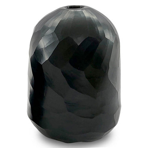 Ashley Fory Flower Vase, Modern Oval Shape, Hand Carved Black Glass