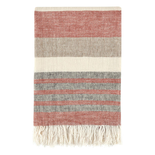Diu Throw Blanket | Belgian Flax Linen | Red Brown Ivory Stripes