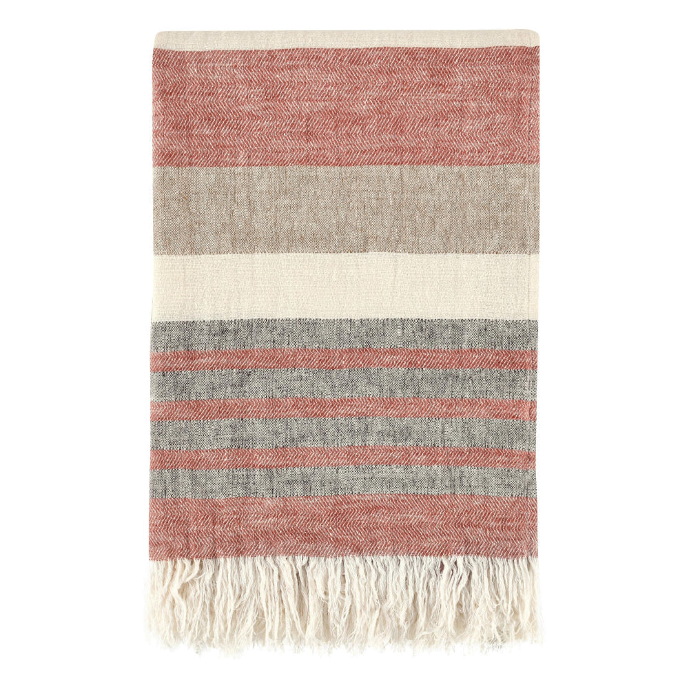 Diu Throw Blanket | Belgian Flax Linen | Red Brown Ivory Stripes