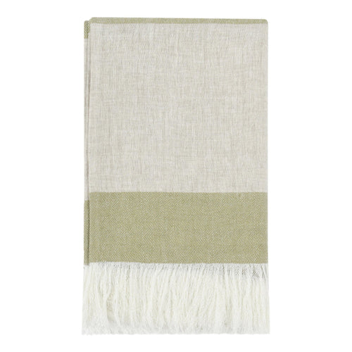 Striped Throw Blanket | Green Ivory | Fringe | Belgian Flax Linen