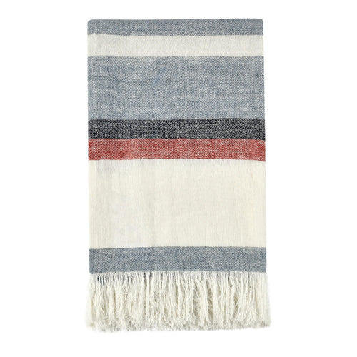 Striped Throw Blanket | Blue Red Ivory | Fringe | Belgian Flax Linen