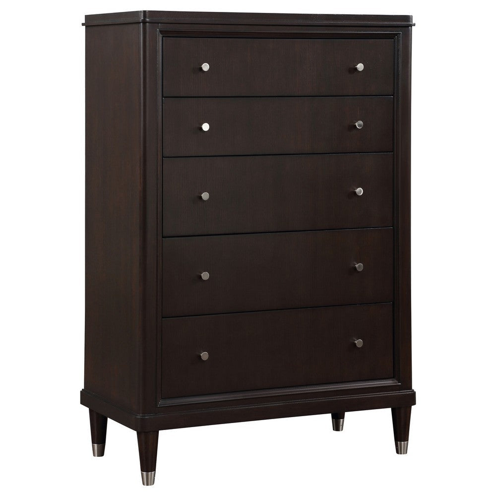 Benjara Amber Tall Dresser Chest, 5 Drawers, Metal Knobs, Tapered Legs, Brown Wood Benjara Amber Tall Dresser Chest, 5 Drawers, Metal Knobs, Tapered Legs, Brown Wood