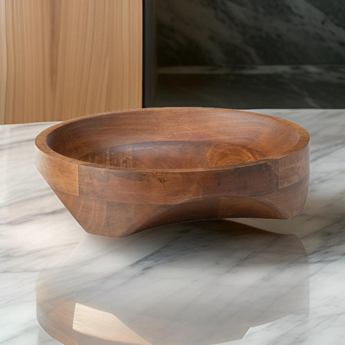 Ashley Myra Bowl, Carved Pattern, Food Safe, Brown Wood, 14 Inch