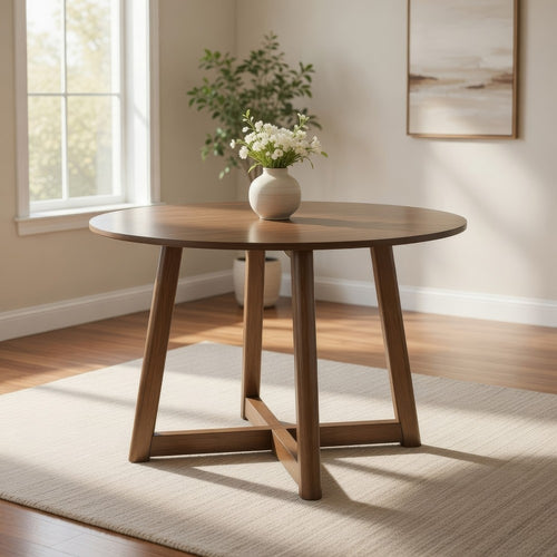 Ellie Dining Table, 47 Inch Round Top, Interlocking Legs, Walnut Brown Wood By Casagear Home