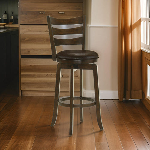 Mona Swivel Barstool Chair, Dark Brown Faux Leather, Cherry Brown Wood By Casagear Home