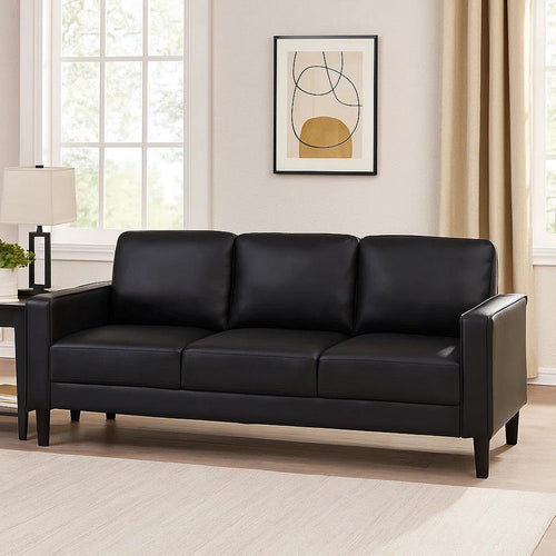 Rumi Sofa, Black Faux Leather, Modern Track Arms, Foam Cushions, 77 Inch By Casagear Home