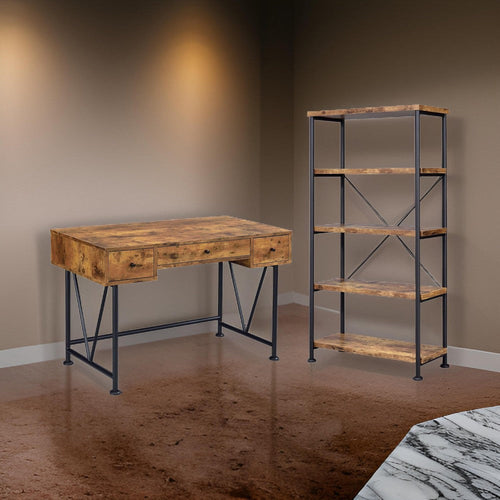 2 Piece Writing Desk with Bookshelf Unit, Rustic Brown, Black Metal Frame By Casagear Home