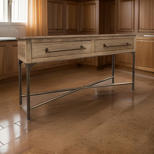 Bera 55 Inch Sofa Console Table, Cross Metal Base, 2 Drawers, Brown Wood By Casagear Home