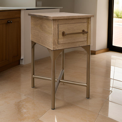 Bera 14 Inch Side End Table, Cross Metal Base, Drawer, Farmhouse Brown By Casagear Home