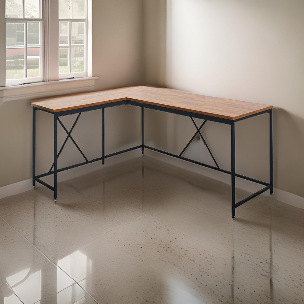 Posy Corner Desk, L Shaped Black Metal Frame, X Crossed, Oak Brown Wood Top By Casagear Home