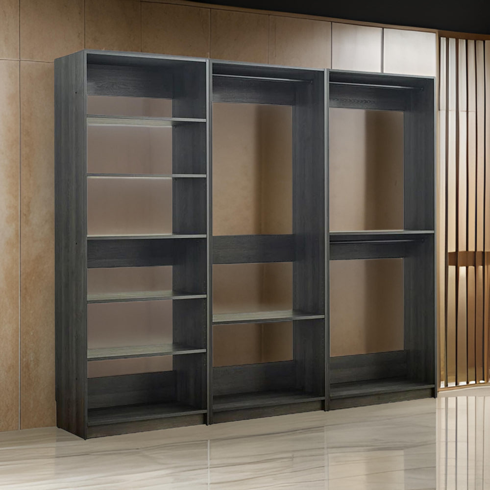 Dee Modular Closet System, 3 Hanging Rods and 6 Shelves, Dark Gray Wood By Casagear Home