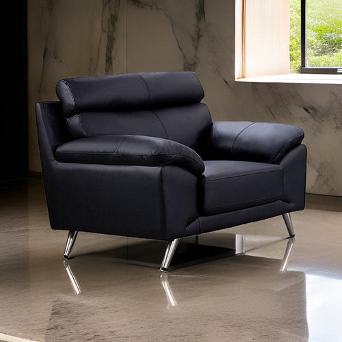 Justin Accent Chair, Black Top Grain Leather, Foam Cushions, Steel Legs By Casagear Home