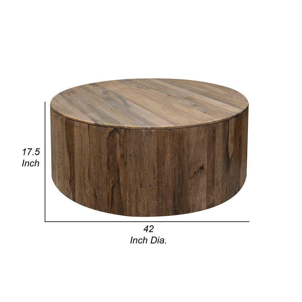 Eray Cocktail Coffee Table 42 Inch Round Drum Shape Brown Mango Wood By Casagear Home BM319299