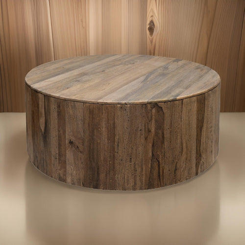 Eray Cocktail Coffee Table, 42 Inch Round Drum Shape, Brown Mango Wood By Casagear Home