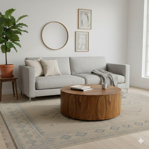 Eray Cocktail Coffee Table, 42 Inch Round Drum Shape, Brown Mango Wood By Casagear Home