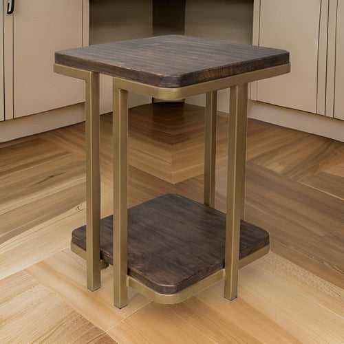 Nexa Accent Table, Lower Shelf, 18 Inch Square Solid Wood, Gold Metal By Casagear Home