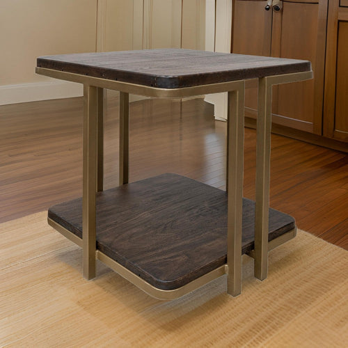 Nexa Side End Table, Bottom Shelf, 23 Inch Square Solid Wood Top, Gold By Casagear Home