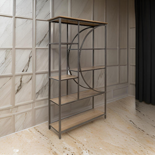 Dria 75 Inch Bookcase, 5 Shelves, Black Metal, Brown Solid Poplar Wood By Casagear Home