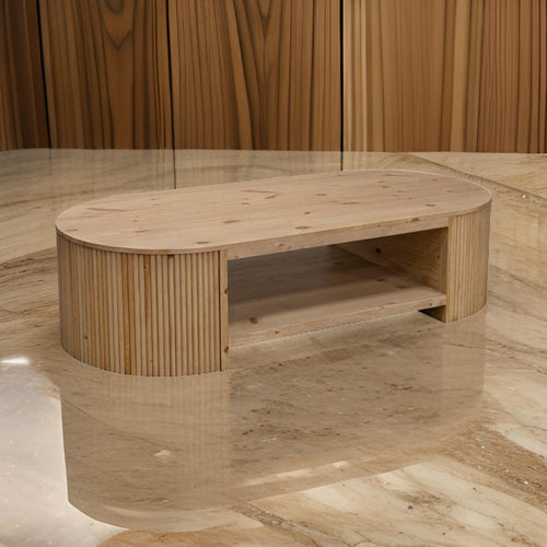 Izya 74 Inch Cocktail Coffee Table, Reeded Fluted Base, Brown Solid Wood By Casagear Home