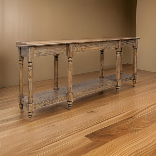 Ify Sofa Console Table, 95 Inch Rectangular Top w Shelf, Brown Pine Wood By Casagear Home