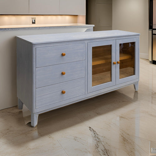 Izya 59 Inch Sideboard Console, 2 Glass Doors, 3 Drawers, Blue Solid Wood By Casagear Home