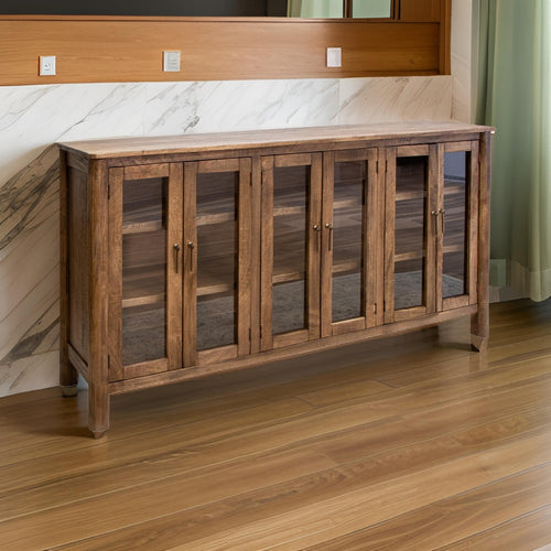 Olum 73 Inch Sideboard Console, Glass Doors, 2 Tiers, Brown Solid Wood By Casagear Home