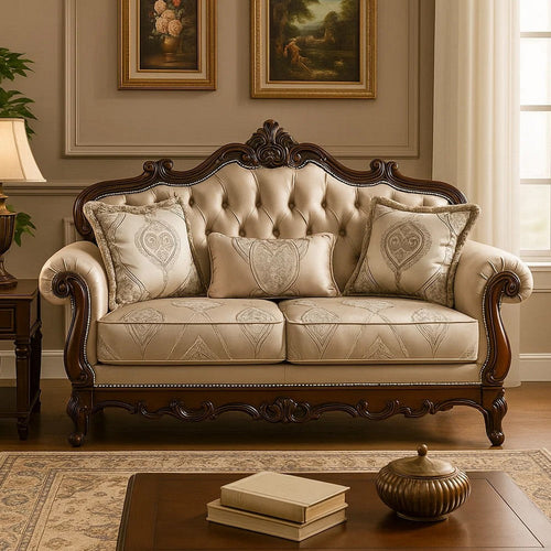 Vera Loveseat, Tufted Beige, Rolled Arms, Cherry Brown Solid Wood, 70 Inch By Casagear Home