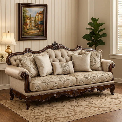Vera 90 Inch Sofa, Button Tufted Beige Rolled Arms, Cherry Brown Solid Wood By Casagear Home