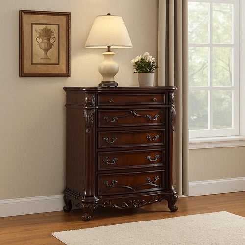 Venta Tall Dresser Chest, 5 Drawers, Cherry Brown Solid Wood by Casagear Home